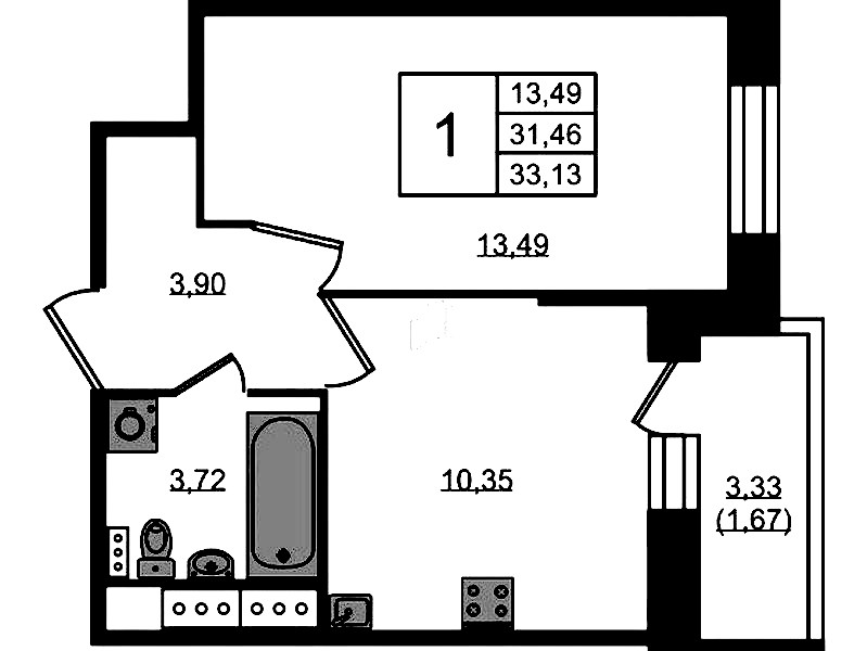 1-комнатная квартира 33.13 м², 5/11 эт., ЖК «Новое Колпино»
